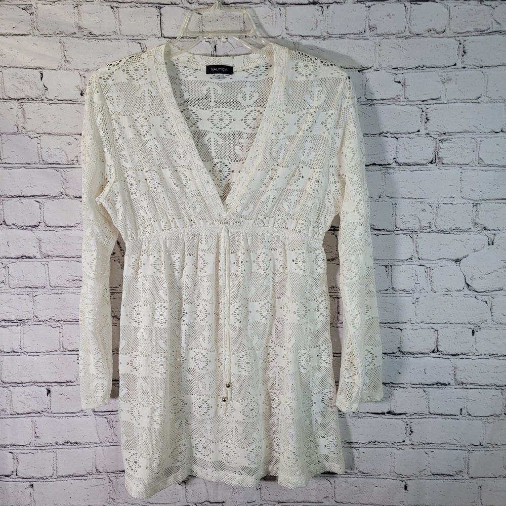 Nautica Swim Cover Up Womens Small White Anchor Crochet Lace V-Neck Excellent‎